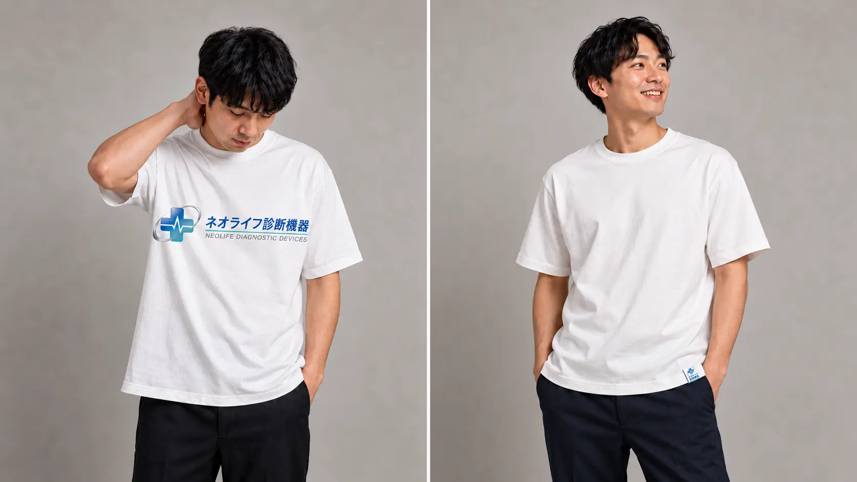 同じ男性が、大きな胸ロゴのTシャツでは気まずそうにし、小さな裾タグのTシャツでは自然に着こなす比較