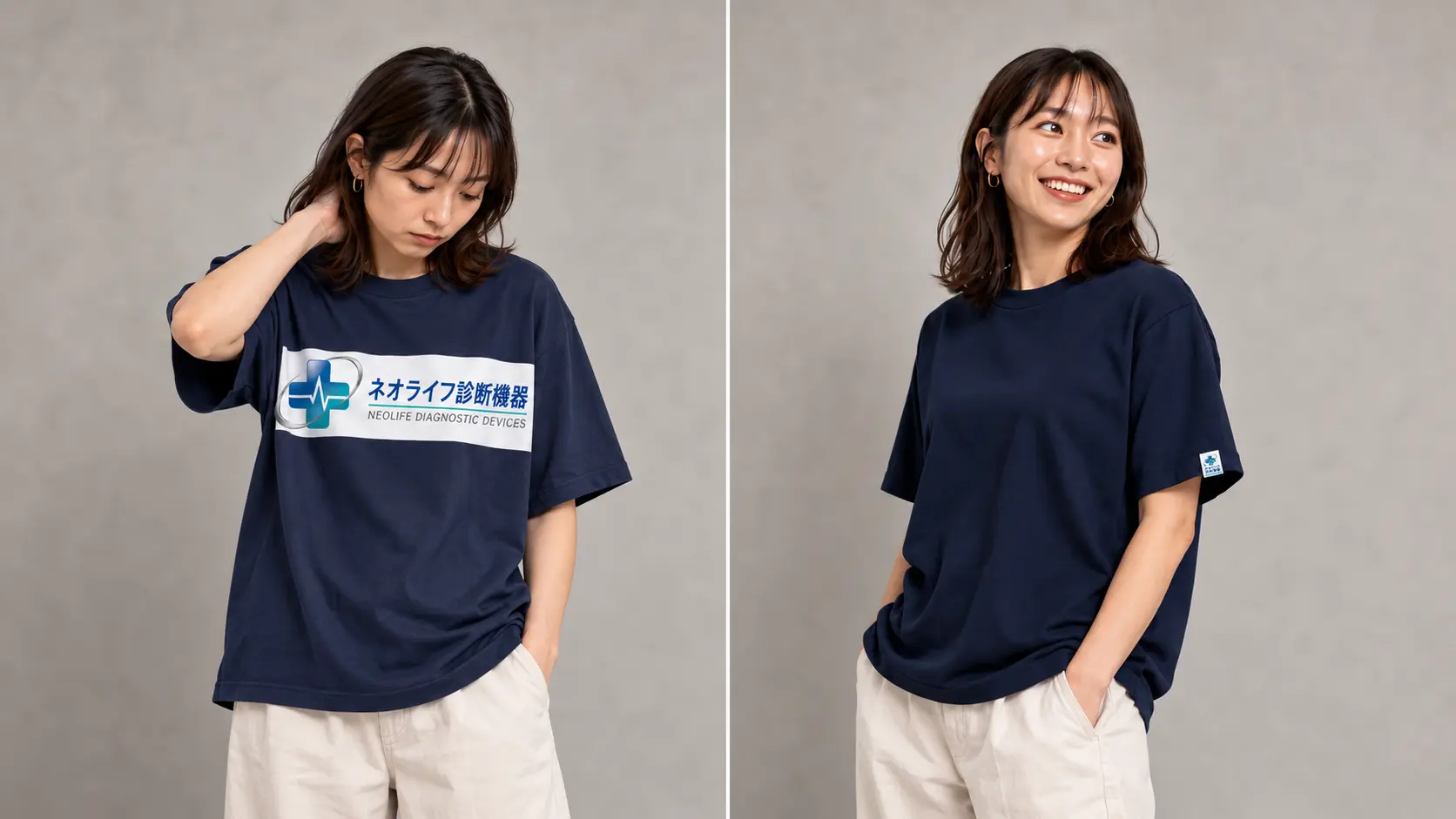 同じ女性が、大きな長方形ロゴのTシャツでは気まずそうにし、小さな袖タグのネイビーTシャツでは自然に着こなす比較