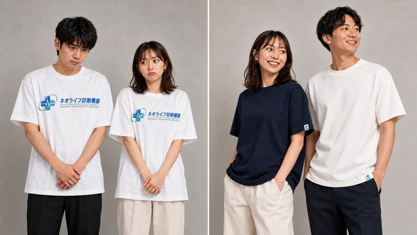 大きな会社ロゴ付きの廉価な白いTシャツで硬い表情をする男女と、上質な白とネイビーのタグTシャツを自然に着こなす同じ男女の比較