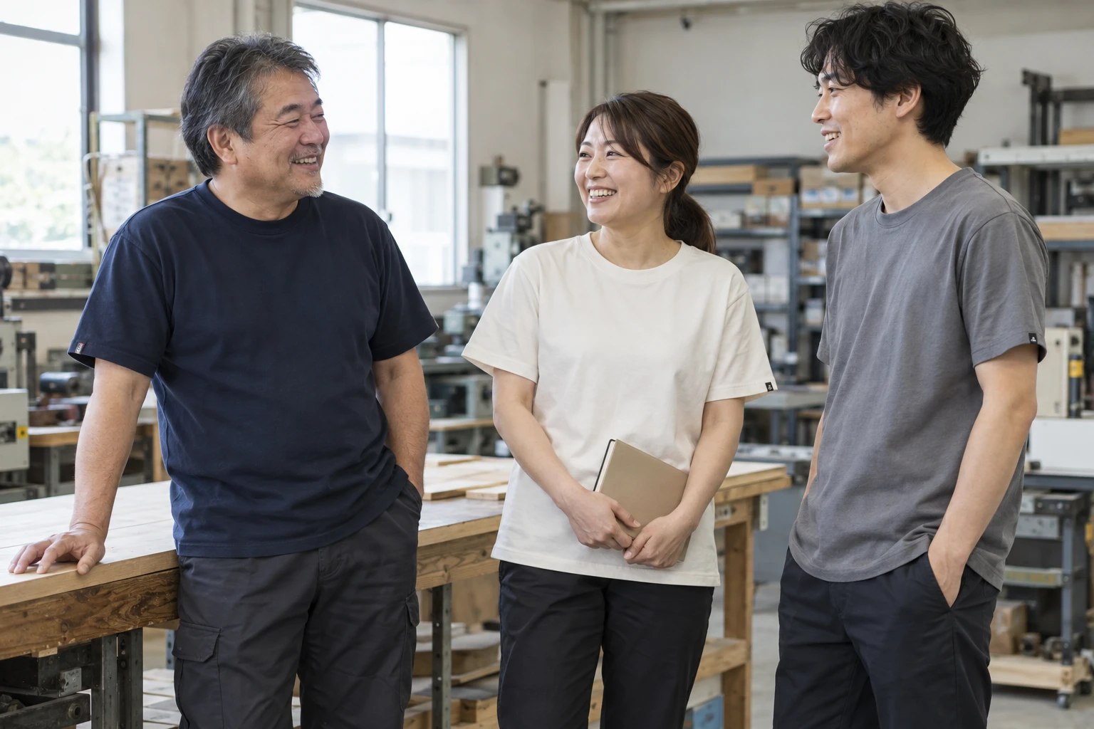 幅広い年代と体型の社員が、小さな袖タグのTシャツを着て工房で談笑するイメージ